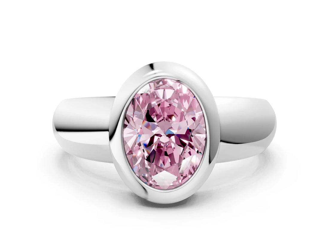 Platinum Bezel Set Fancy Pink Oval  Solitaire Ring with Wide Band