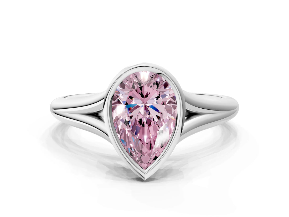 Platinum Bezel Set Fancy Pink Pear  Cut Solitaire Ring with Tapered Band 1