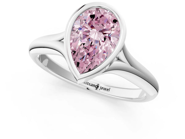 Platinum Bezel Set Fancy Pink Pear  Solitaire Diamond Ring with Smooth Band