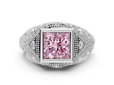 Platinum Bezel Set Fancy Pink Princess Cut Diamond Milgrain Band Ring_6