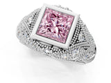 Platinum Bezel Set Fancy Pink Princess Cut Diamond Milgrain Band Ring_7