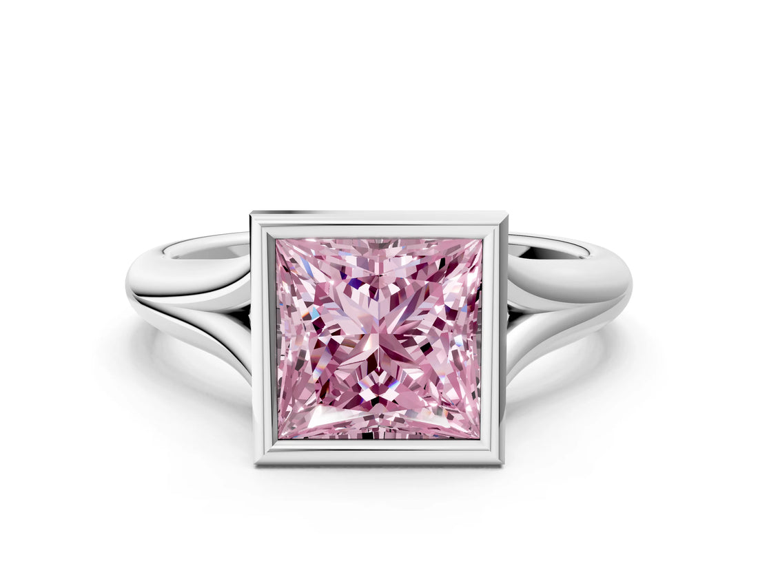 Platinum Bezel Set Fancy Pink Princess  Solitaire Diamond Ring with Smooth Band 1