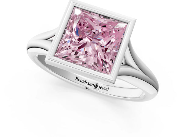 Platinum Bezel Set Fancy Pink Princess  Solitaire Diamond Ring with Smooth Band