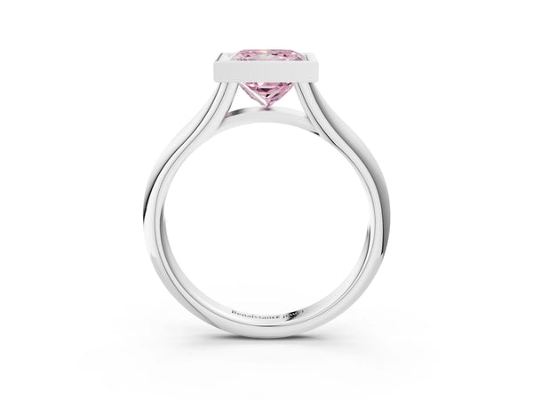Platinum Bezel Set Fancy Pink Princess  Solitaire Diamond Ring with Smooth Band