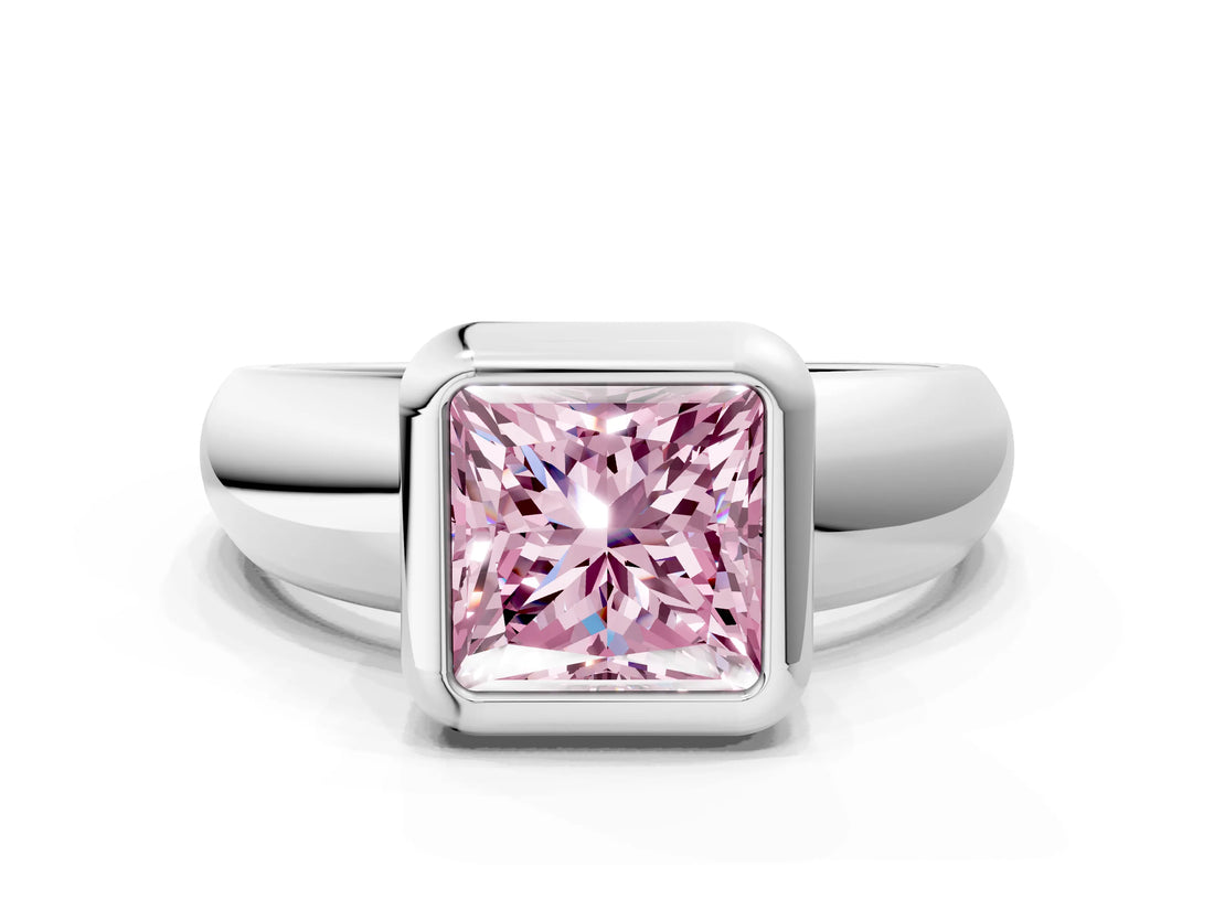 Platinum Bezel Set Fancy Pink Princess  Solitaire Ring with Wide Band 1