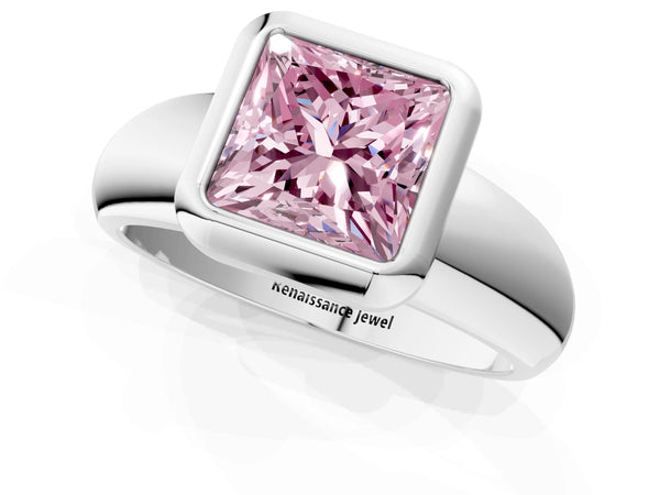 Platinum Bezel Set Fancy Pink Princess  Solitaire Ring with Wide Band