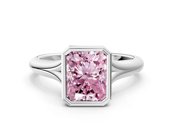 Platinum Bezel Set Fancy Pink Radiant  Solitaire Diamond Ring with Smooth Band