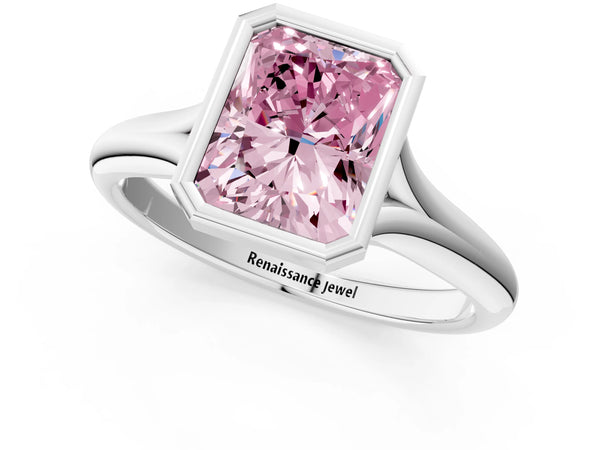 Platinum Bezel Set Fancy Pink Radiant  Solitaire Diamond Ring with Smooth Band