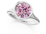 Platinum Bezel Set Fancy Pink Round  Solitaire Diamond Ring with Smooth Band 2