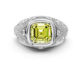 Platinum Bezel Set Fancy Yellow Asscher Cut Diamond Milgrain Band Ring_12