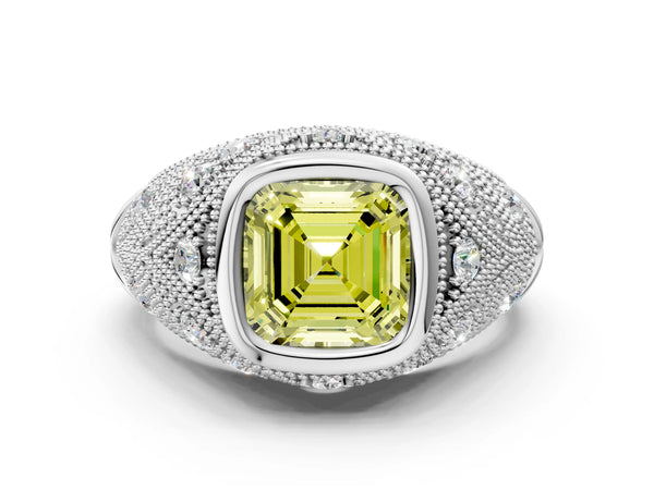 Platinum Asscher Cut Vintage Bezel Engagement Ring Setting for Fancy Yellow Center with Milgrain