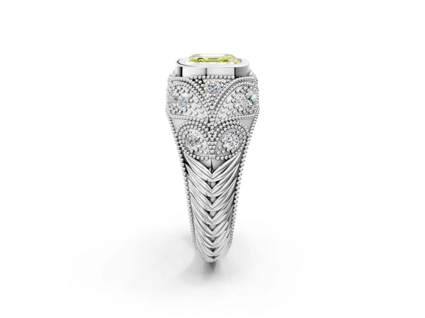 Platinum Asscher Cut Vintage Bezel Engagement Ring Setting for Fancy Yellow Center with Milgrain