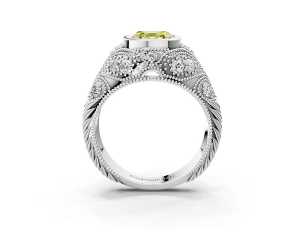Platinum Asscher Cut Vintage Bezel Engagement Ring Setting for Fancy Yellow Center with Milgrain