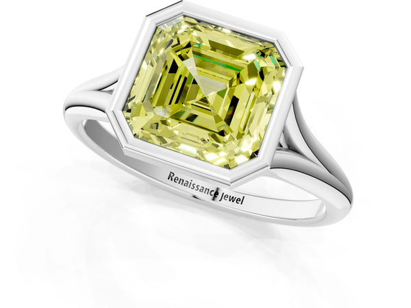 Platinum Asscher Cut Bezel Engagement Ring Setting for Fancy Yellow Center
