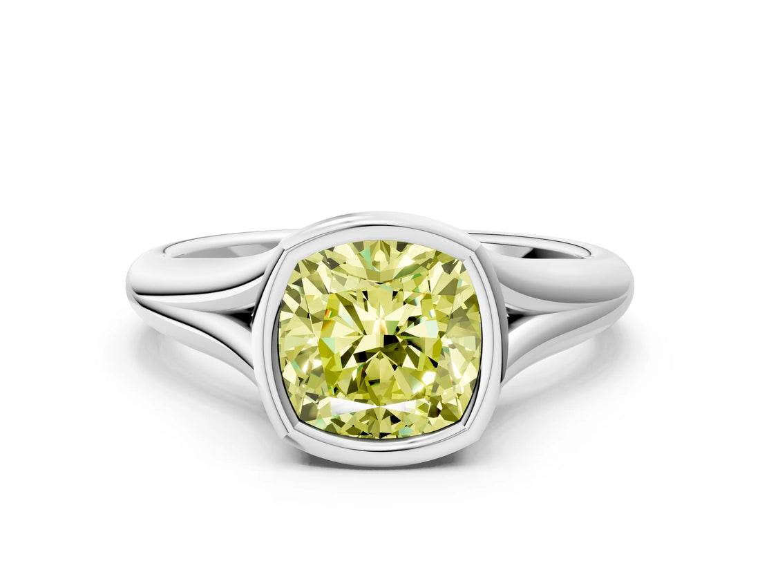 Platinum Bezel Set Fancy Yellow Cushion  Solitaire Diamond Ring with Smooth Band