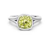 Platinum Bezel Set Fancy Yellow Cushion  Solitaire Diamond Ring with Smooth Band