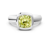 Platinum Bezel Set Fancy Yellow Cushion  Solitaire Ring with Wide Band