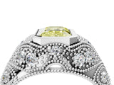 Platinum Bezel Set Fancy Yellow Emerald Cut Diamond Milgrain Band Ring_10