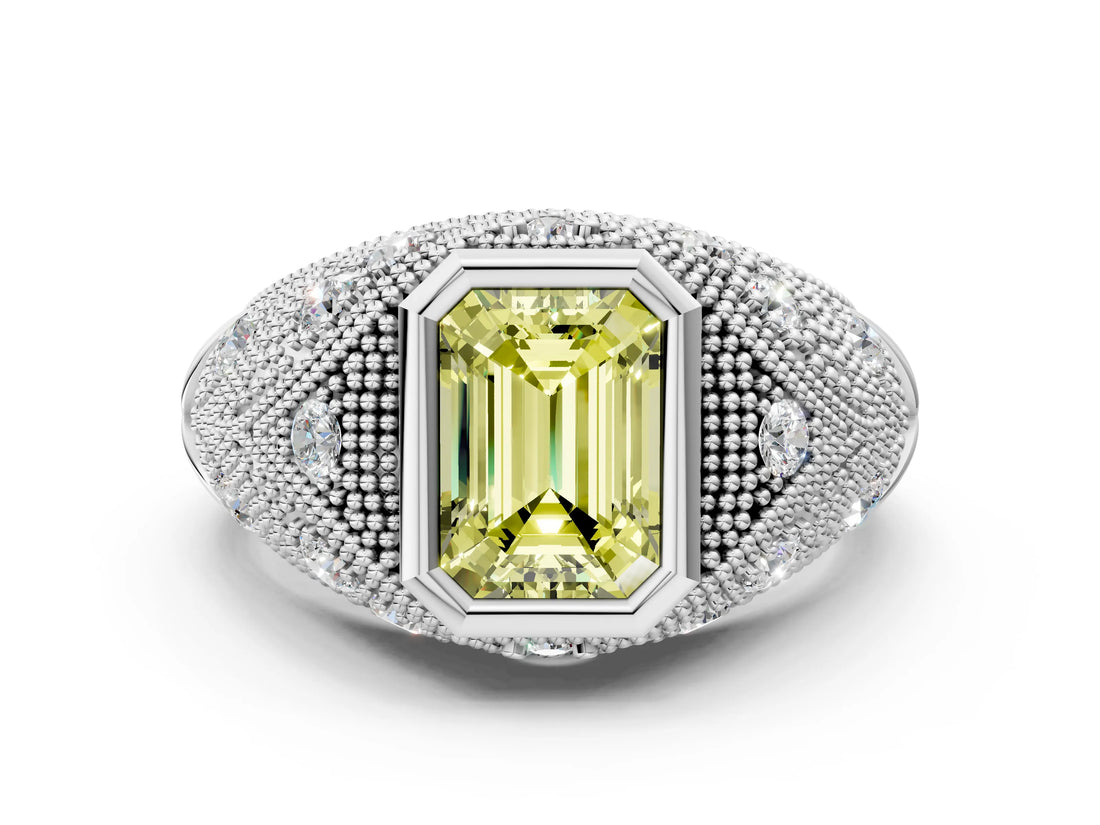 Platinum Bezel Set Fancy Yellow Emerald Cut Diamond Milgrain Band Ring_6