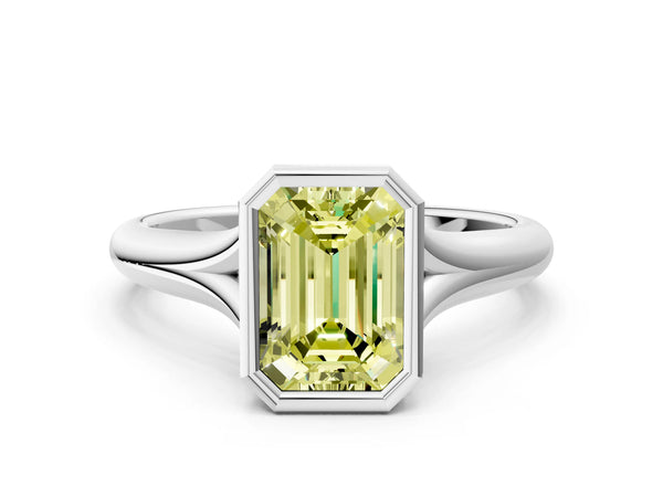 Platinum Bezel Set Fancy Yellow Emerald  Solitaire Diamond Ring with Smooth Band