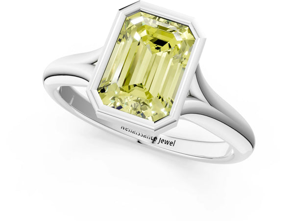 Platinum Bezel Set Fancy Yellow Emerald  Solitaire Diamond Ring with Smooth Band