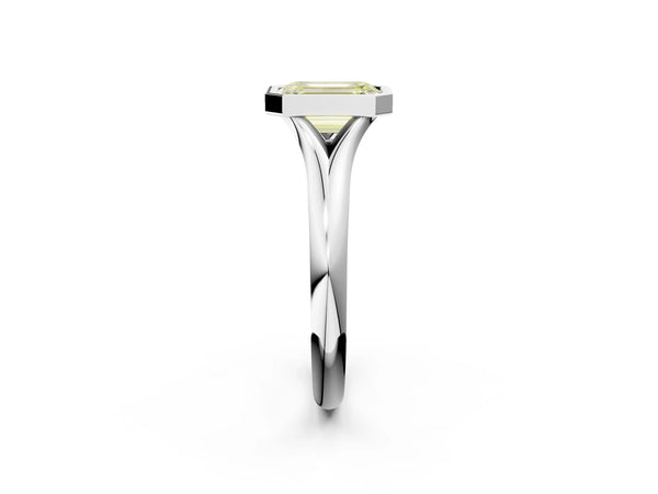 Platinum Bezel Set Fancy Yellow Emerald  Solitaire Diamond Ring with Smooth Band