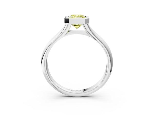 Platinum Bezel Set Fancy Yellow Emerald  Solitaire Diamond Ring with Smooth Band
