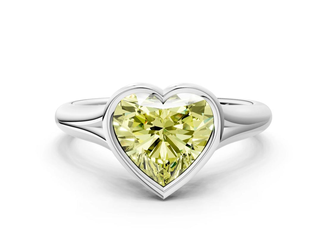 Platinum Bezel Set Fancy Yellow Heart  Solitaire Diamond Ring with Smooth Band