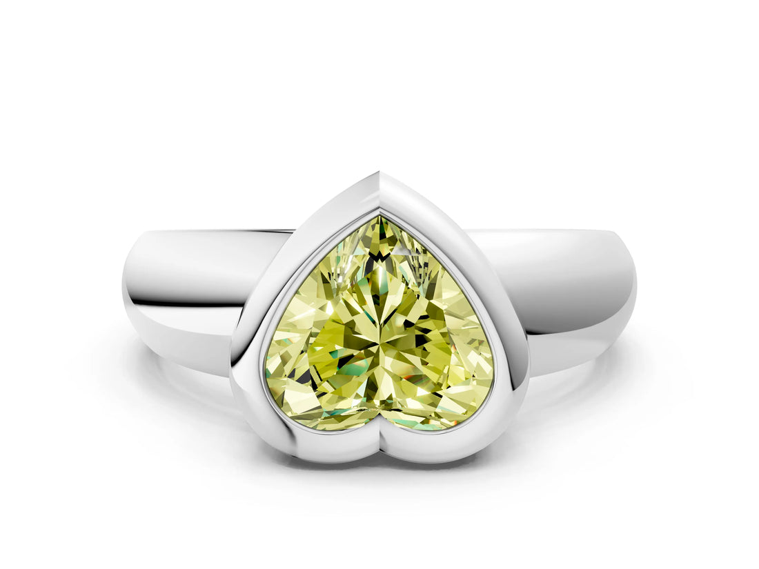 Platinum Bezel Set Fancy Yellow Heart  Solitaire Ring with Wide Band