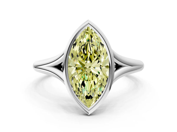 Platinum Bezel Set Fancy Yellow Marquise  Cut Solitaire Ring with Tapered Band