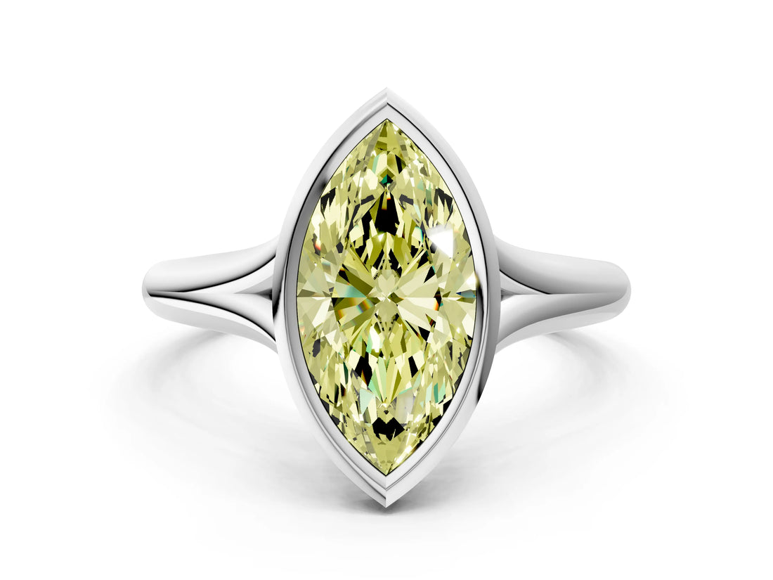 Platinum Bezel Set Fancy Yellow Marquise  Solitaire Diamond Ring with Smooth Band