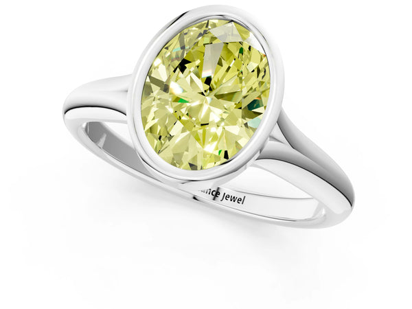 Platinum Bezel Set Fancy Yellow Oval  Solitaire Diamond Ring with Smooth Band