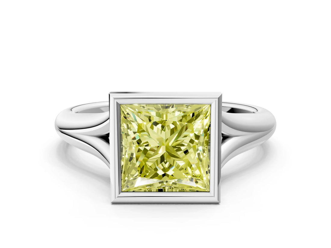 Platinum Bezel Set Fancy Yellow Princess  Solitaire Diamond Ring with Smooth Band 1