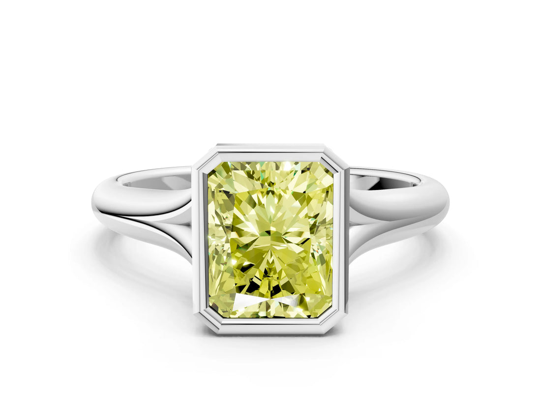 Platinum Bezel Set Fancy Yellow Radiant  Solitaire Diamond Ring with Smooth Band