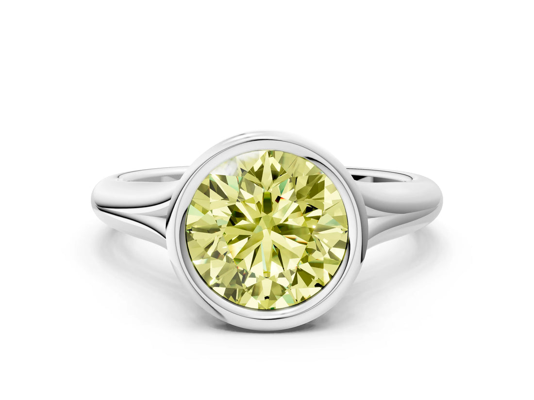 Platinum Bezel Set Fancy Yellow Round  Solitaire Diamond Ring with Smooth Band 1