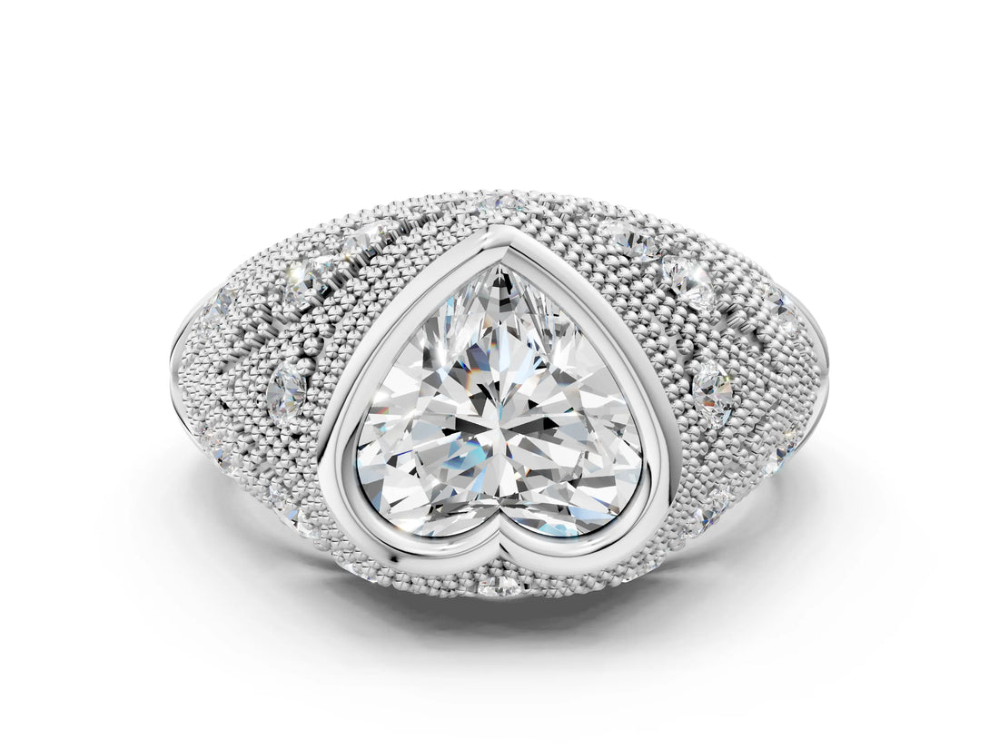 Platinum Bezel Set Heart Cut Diamond Milgrain Band Ring_13