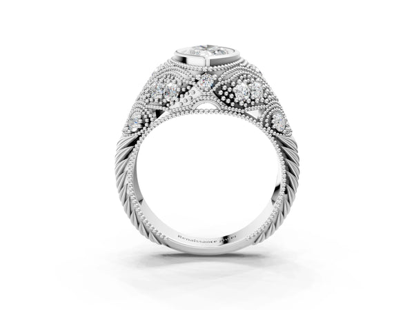 Platinum Marquise Vintage Bezel Engagement Ring Setting with Beaded Milgrain Shoulders
