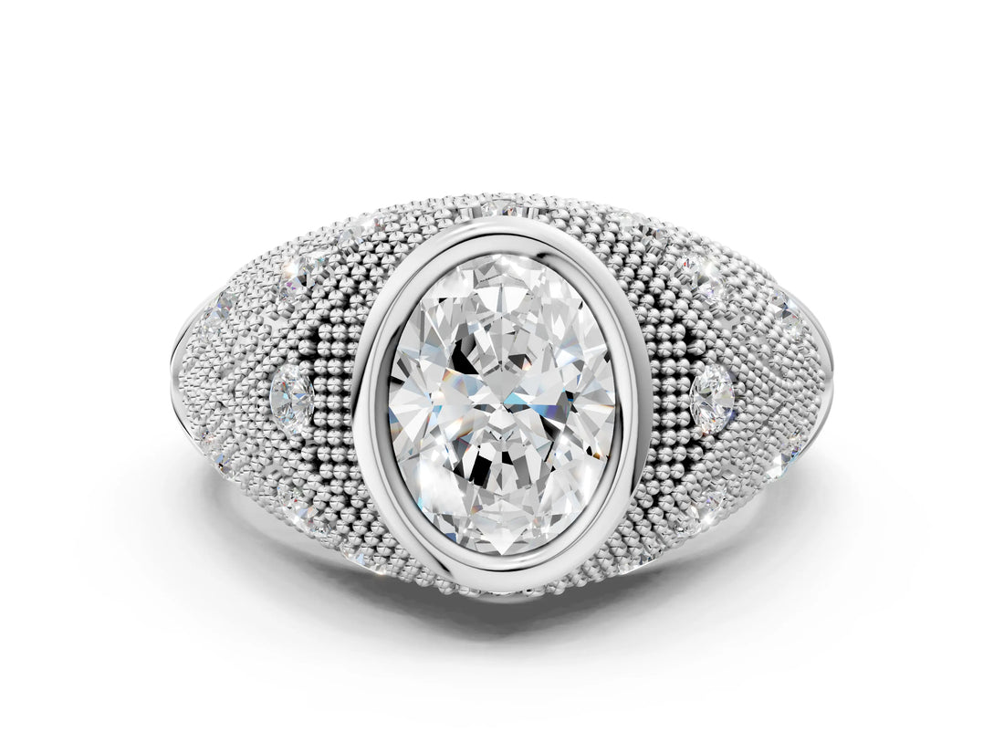 Platinum Bezel Set Oval Cut Diamond Milgrain Band Ring_13