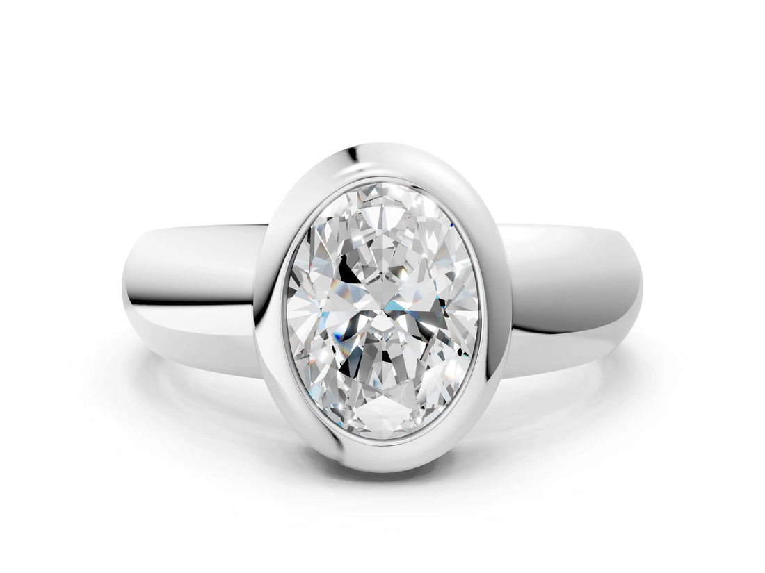 Platinum Bezel Set Oval Solitaire Ring with Wide Band 1