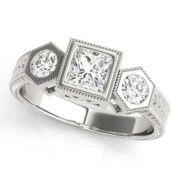Platinum Bezel-Set Princess and Round Cut Milgrain Band Ring
