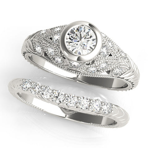 Platinum Bezel Set Round Diamond Milgrain Band Ring 2