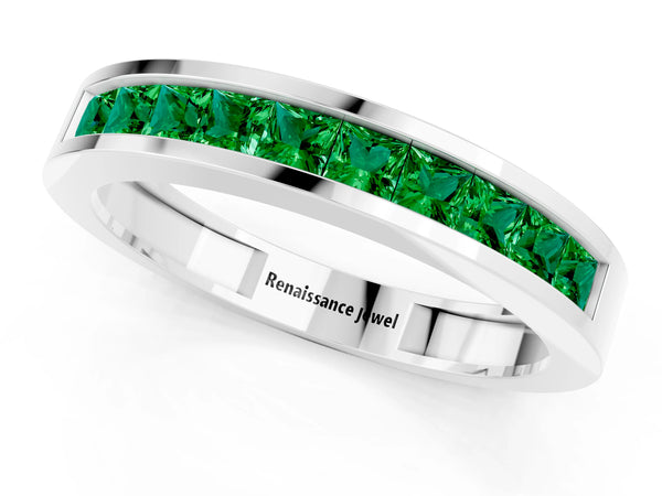 Platinum Princess Cut Lab-Grown Emerald Channel Set Wedding Band with Flat Rails