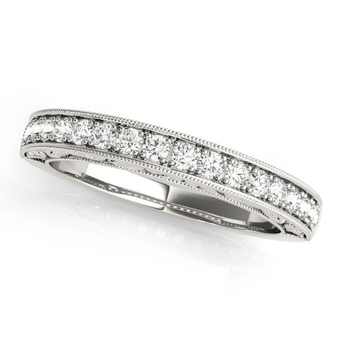 Platinum Channel Set Round Diamond Eternity Band with Milgrain Edging