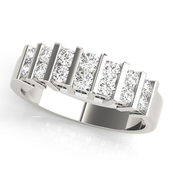 Platinum Channel Set Round Diamond Step Band with Bar Prong Setting