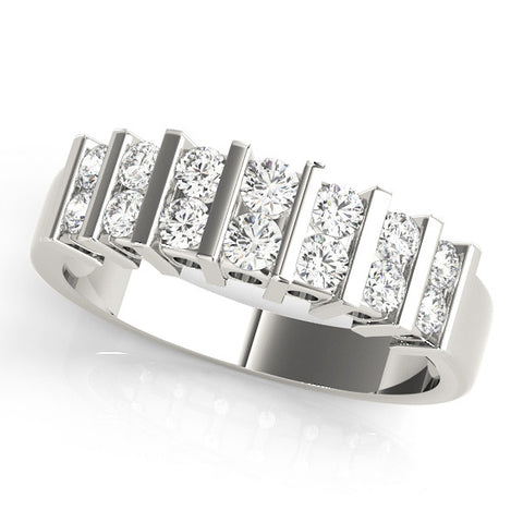 Platinum Channel Set Round Diamond Step Band with Bar Prong Setting
