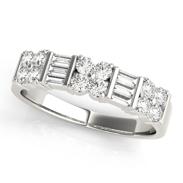 14K White Gold Channel Set Round and Baguette Diamond Anniversary Band with Prong Setting