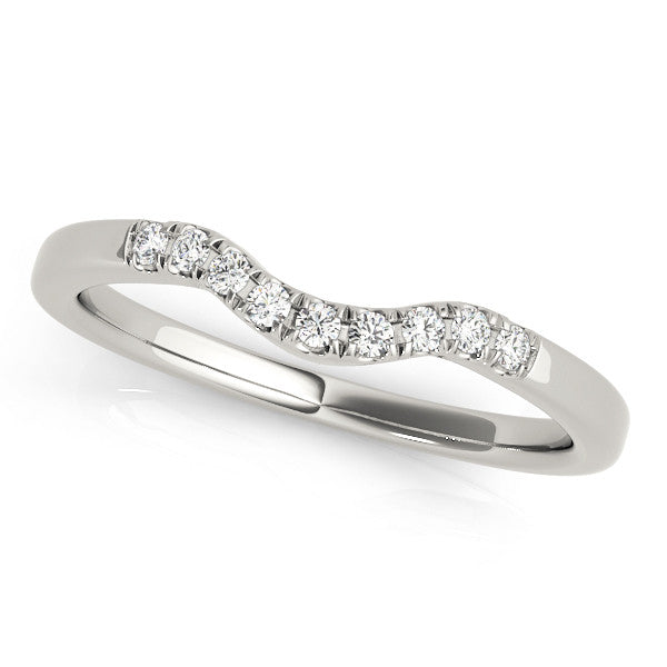 Silver Curved Diamond Wedding Band with Round Cut Stones and Shared Prong Setting