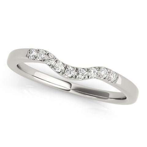 Platinum Curved Diamond Wedding Band with Round Cut Stones and Shared Prong Setting