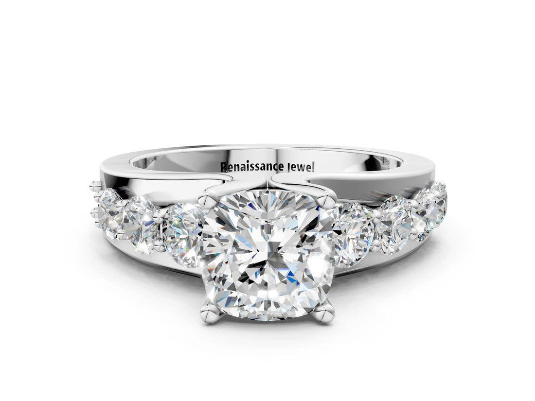 Platinum Cushion Brilliant Solitaire with Side Stones on a Pave Band and Four-Prong Setting_14