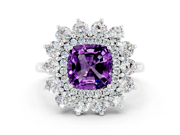 Platinum Cushion Cut Amethyst Floral Double Halo Engagement Ring with Prong Setting